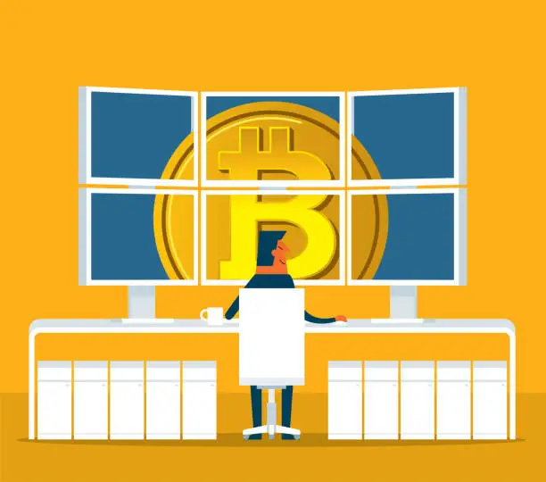 Vector illustration of Bitcoin mining - businessman - desktop