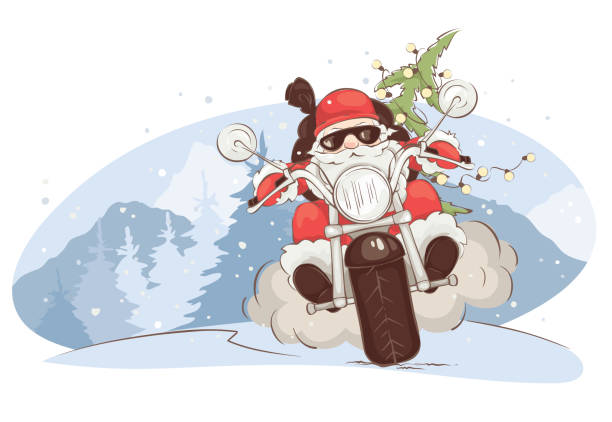 Kartka świąteczna - Motocyklista Santa – artystyczna grafika wektorowa