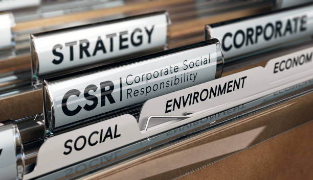 Corporate Social Responsibility, CSR Strategy 3D illustration of a folder and focus on a tab with the acronym CSR, Corporate Social Responsibility. Conceptual image. responsible business stock pictures, royalty-free photos & images