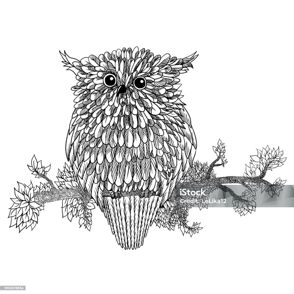 Vector hand drawn Owl sitting on branch. Black and white tangle art. patterned illustration for antistress coloring book, tattoo, poster, print, t-shirt. Owl sitting on branch. Black and white tangle art. Ethnic patterned illustration for antistress coloring book, tattoo, poster, print, t-shirt. Abstract stock vector