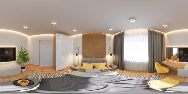 3d illustration of a seamless 360 panorama. Bedroom interior design in scandinavian style. stock photo
