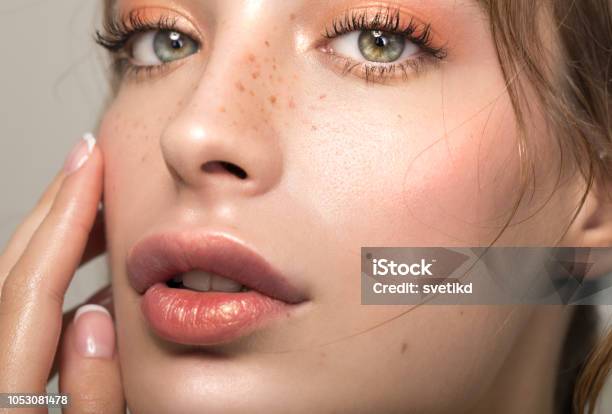 Serene Beauty Stock Photo - Download Image Now - Human Lips, Women, Freckle