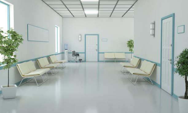 Hospital Waiting Corridor Waiting bench and wheel chair in hospital corridor. ( 3d render) medical examination room stock pictures, royalty-free photos & images