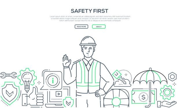 Safety first - modern line design style banner Safety first - modern line design style banner on white background with copy space for text. A composition with a young male worker in a helmet and overall, images of shield, life ring, computer safe security equipment stock illustrations