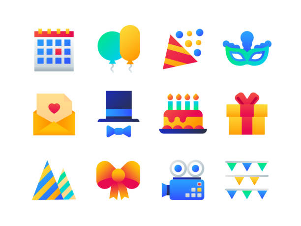 Birthday party - set of flat design style icons Birthday party - set of flat design style icons on white background. Bright images with a calendar, balloons, popper, carnival mask, love letter, top hat and bow tie, cake with candles, present, camera, flags flat calendar icon stock illustrations