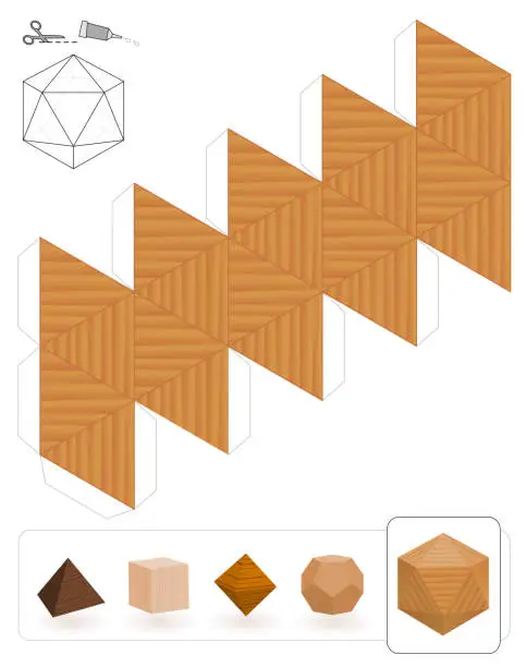 Vector illustration of Platonic solids. Template of a icosahedron with wooden texture to make a 3d paper model out of the triangle net.