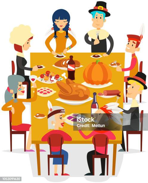 Thanksgiving Family Friends Eat Meal Pie Turkey Pumpkin Pilgrim Indian Costumes Cartoon Design Vector Illustration Stock Illustration - Download Image Now