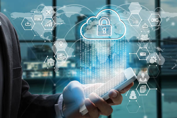 istock Businessman use smartphone with virtual screen padlock and Interface Icons over the Network connection of World map on technology background 1053092604