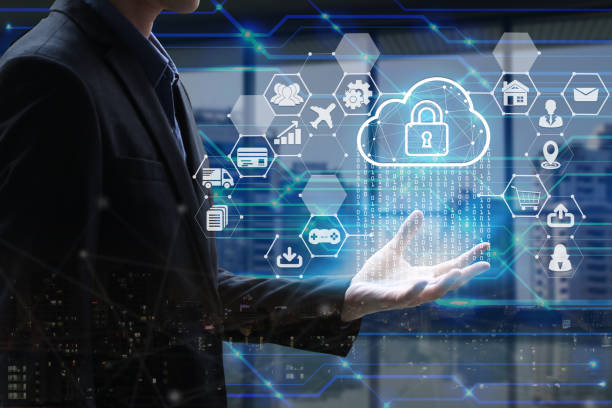 istock Businessman hand holding with virtual screen padlock and Interface Icons over the Network connection on technology background 1053092634