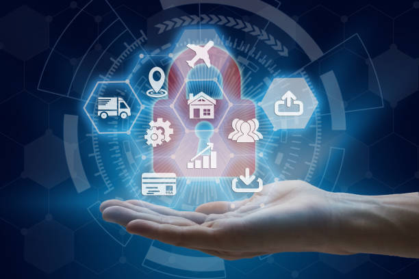 istock Businessman hand holding with virtual screen padlock and Interface Icons over the Network connection on technology background 1053092732