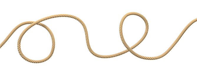3d rendering of a single twisting natural rope lying unevenly on a white background. Tying and fastening material. Life line. Rope and cord.