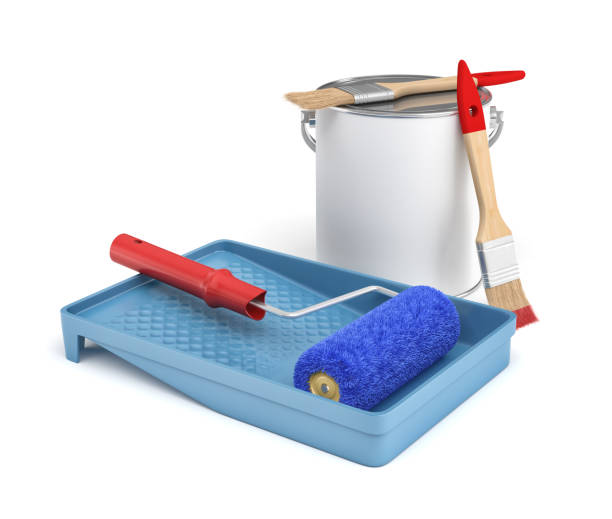 3d rendering of isolated home improvement tools: a paint bucket and a tray, brushes and a roller.