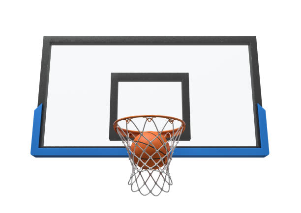 istock 3d rendering of a basketball ball falling inside a basket attached to a transparent backboard. 1053100168