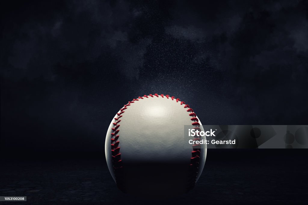 3d rendering of a single baseball ball in a close view under a spotlight on a dark background. 3d rendering of a single baseball ball in a close view under a spotlight on a dark background. American baseball gear. Sport equipment. Key player. Baseball - Sport Stock Photo