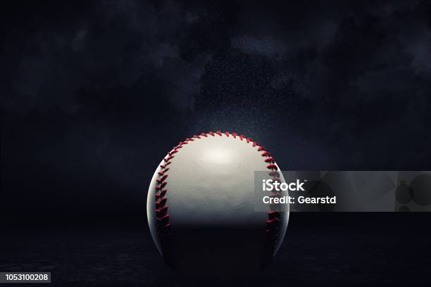 3d Rendering Of A Single Baseball Ball In A Close View Under A Spotlight On A Dark Background Stock Photo - Download Image Now