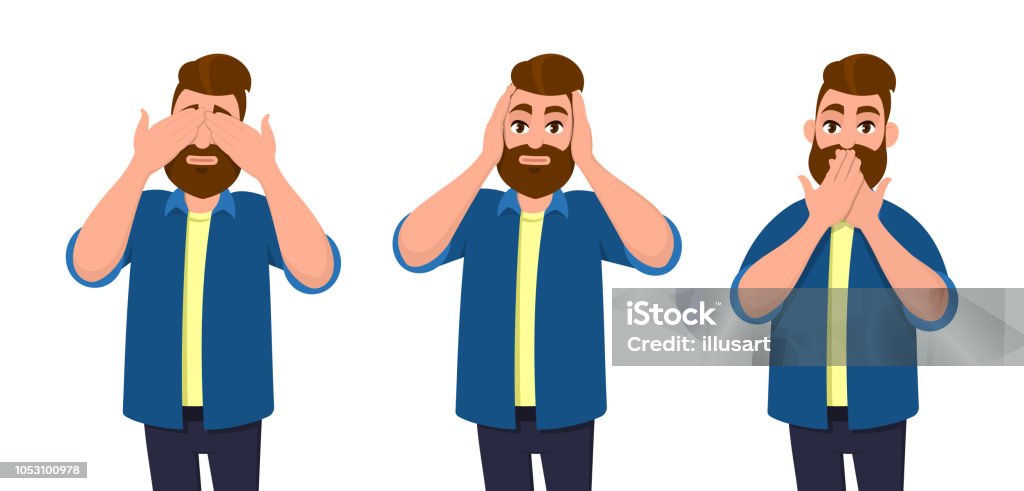 Ilustración de Hombre Que Cubre Ojos Orejas Y Boca Con Las Manos Como Como Los Tres Monos Sabios No Ver No Oír Y No Hablar De Ilustración Del Concepto De Estilo De Ilustración de Hombre Que Cubre Ojos Orejas Y Boca Con Las Manos Como Como Los Tres Monos Sabios No Ver No Oír Y No Hablar De Ilustración Del Concepto De Estilo De