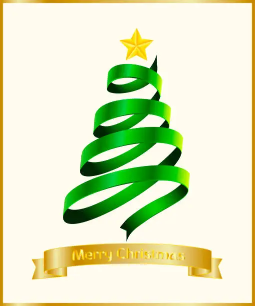 Vector illustration of Merry Christmas 2019 Beautiful ribbon in the form of a Christmas card with a golden five-pointed star.