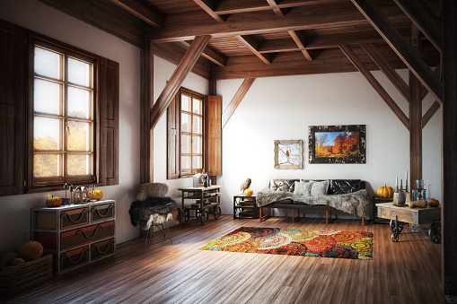 Digitally generated warm, rustic and cozy home interior design with high quality models of stylish furniture and home props.\n\nThe scene was rendered with photorealistic shaders and lighting in Autodesk® 3ds Max 2016 with V-Ray 3.6 with some post-production added.