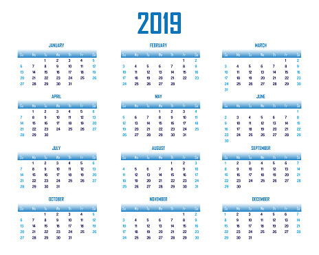 Simple blue  2019 calendar on white