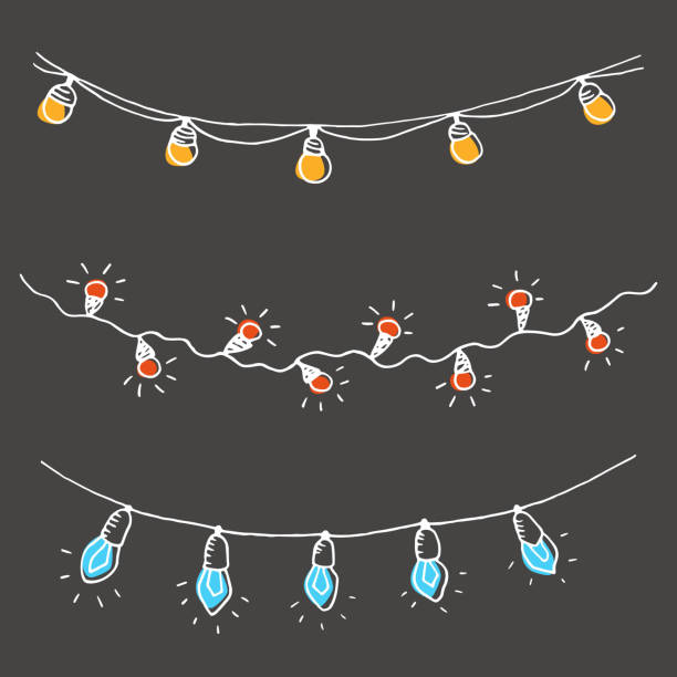 ilustraciones, imágenes clip art, dibujos animados e iconos de stock de conjunto de guirnaldas de boceto dibujado a mano con bombillas de luz. - holiday lights