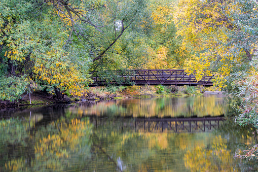 footbridge over a river in fall scenery  - Cache la Poudre River in Fort Collins, Colorado