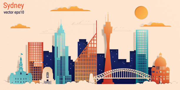 ilustrações, clipart, desenhos animados e ícones de corte de sydney cidade papel colorido estilo, estoque ilustração vetorial - sydney australia skyline city panoramic
