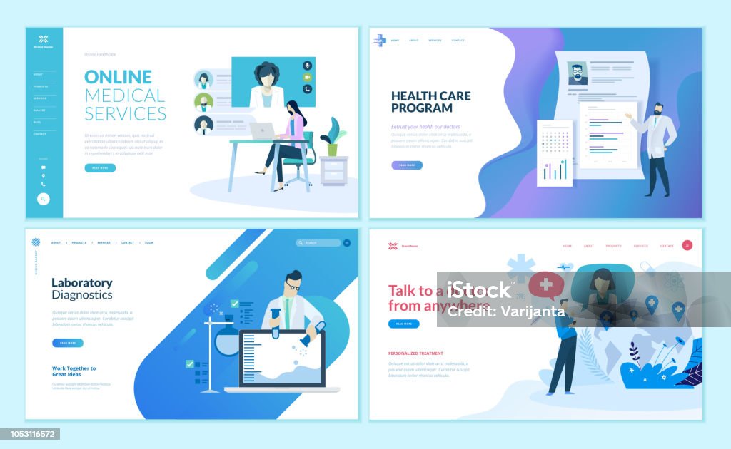 Ensemble de modèles de conception de page web pour les services médicaux, laboratoire, soins de santé, un soutien médical en ligne. - clipart vectoriel de Santé et médecine libre de droits