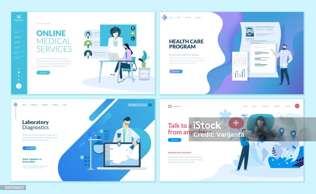オンラインの医療支援、健康管理、研究所、医療サービスの web ページ デザイン テンプレートのセット。 - ヘルスケアと医療のロイヤリティフリーベクトルアート