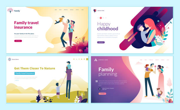 aile planlaması, seyahat sigortası, doğa ve sağlıklı yaşam için web sayfası tasarım şablonları kümesi. - happy family stock illustrations