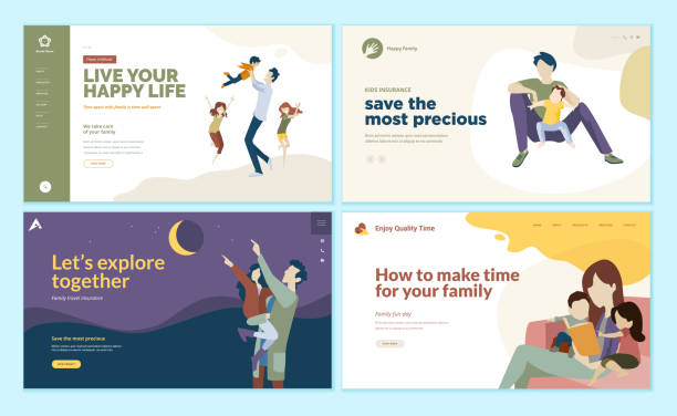 Set of web page design templates for family time, kids insurance, happy family. Modern vector illustration concepts for website and mobile website development. family fun stock illustrations