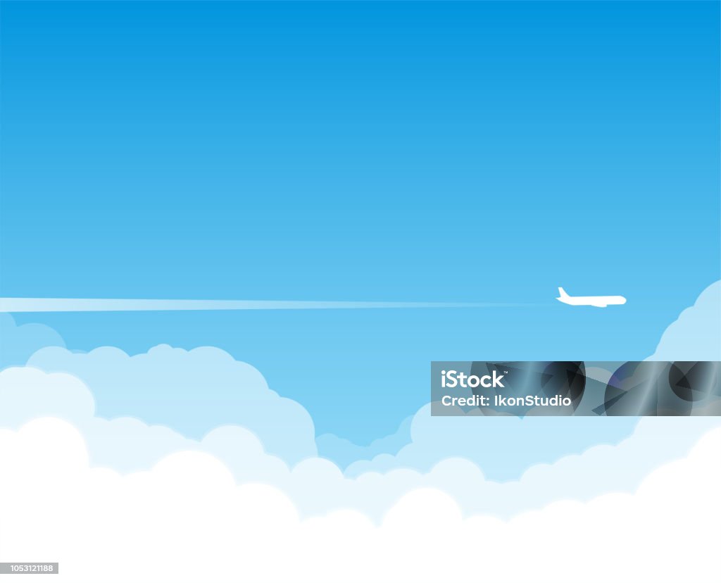 Plane flying above clouds Airplane flying above clouds. Jet plane with exhaust white trail. Blue gradient and white plane silhouette. White and transparent clouds on the blue sky. Cloud - Sky stock vector