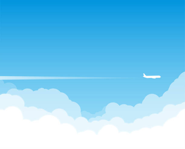 Plane flying above clouds Airplane flying above clouds. Jet plane with exhaust white trail. Blue gradient and white plane silhouette. White and transparent clouds on the blue sky. airplane illustrations stock illustrations