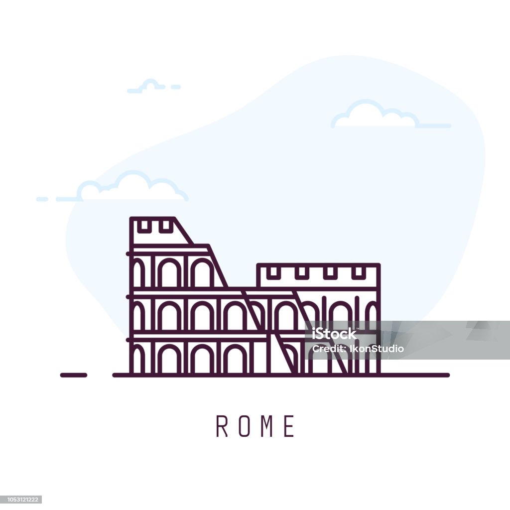 Rome line style colosseum Rome city line style illustration. Colosseum famous landmark in Rome. Architecture city symbol of Italy. Outline building vector illustration. Sky with clouds on background. Travel and tourism banner. Icon Symbol stock vector