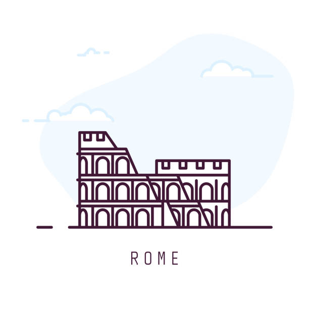 Rome line style colosseum Rome city line style illustration. Colosseum famous landmark in Rome. Architecture city symbol of Italy. Outline building vector illustration. Sky with clouds on background. Travel and tourism banner. amphitheater stock illustrations