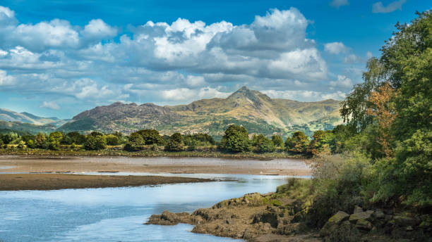 Beautiful panoramic view of the Snowdon mountain range (Snowdonia, Wales, United Kingdom) Beautiful panoramic view of the Snowdon mountain range (Snowdonia, Wales, United Kingdom), as seen from Porthmadog, during ebb-tide mount snowdon photos stock pictures, royalty-free photos & images