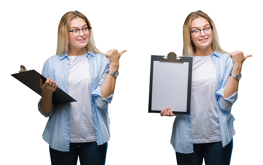 Collage of young beautiful blonde business woman holding clipboard over white isolated backgroud pointing and showing with thumb up to the side with happy face smiling