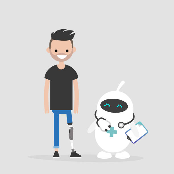 istock Modern health care. New technologies. Young male disabled character with prosthetic lower limb. Lifestyle. Disability. Cute white doctor robot. 1053134660