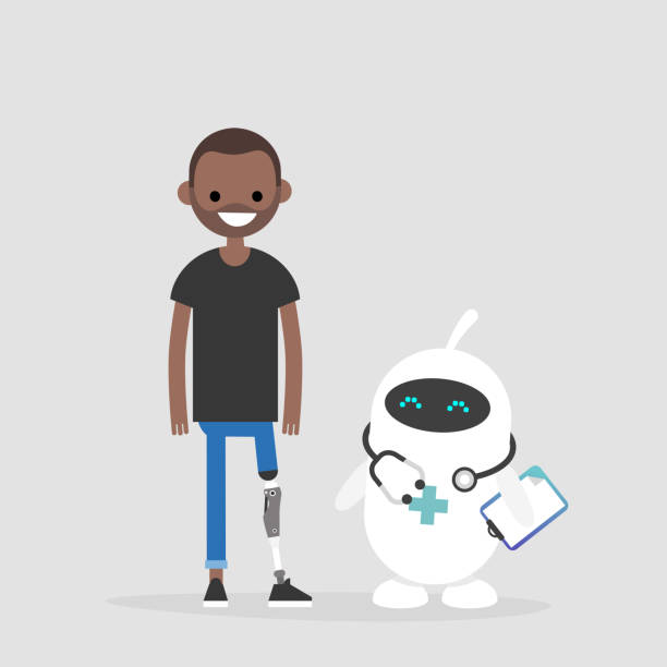 istock Modern health care. New technologies. Young male disabled character with prosthetic lower limb. Lifestyle. Disability. Cute white doctor robot. 1053134674