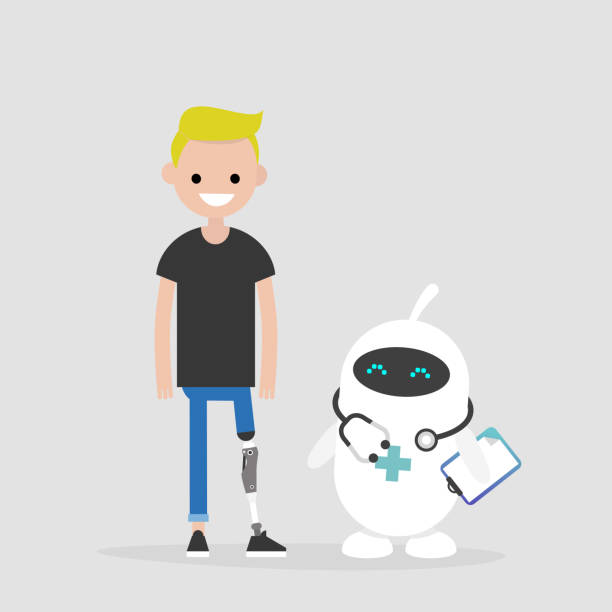 istock Modern health care. New technologies. Young male disabled character with prosthetic lower limb. Lifestyle. Disability. Cute white doctor robot. 1053134676