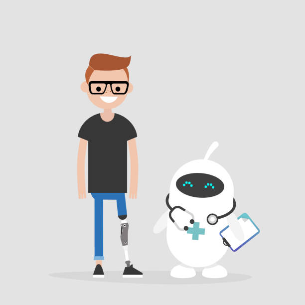 istock Modern health care. New technologies. Young male disabled character with prosthetic lower limb. Lifestyle. Disability. Cute white doctor robot. 1053134860