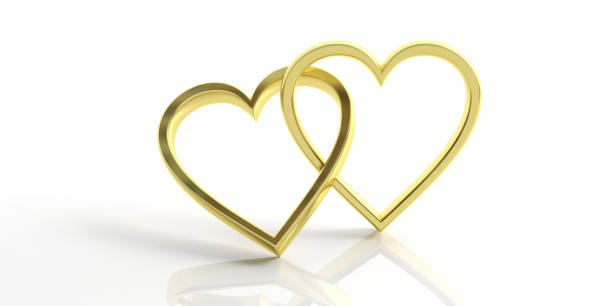 istock Two golden heart shape wedding rings isolated on white background, 3d illustration 1053136534