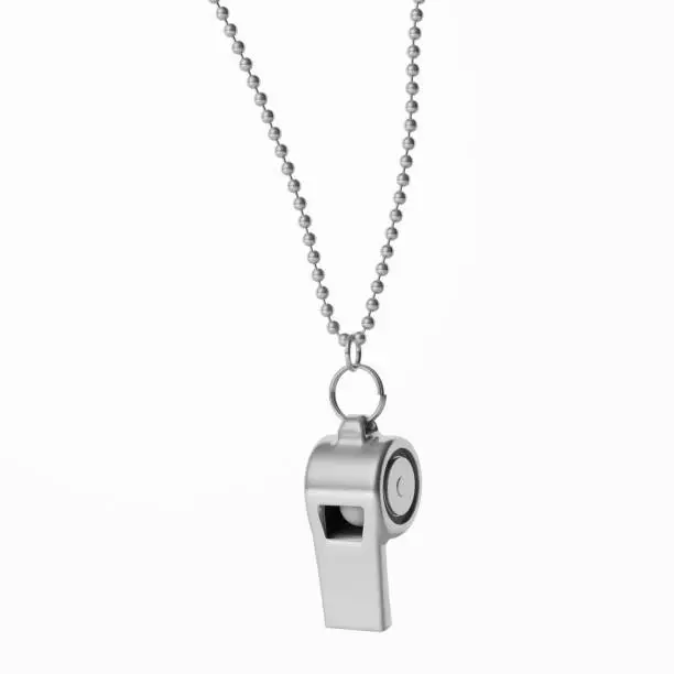 Coach whistle metal with silver chain isolated cutout on white background. 3d illustration