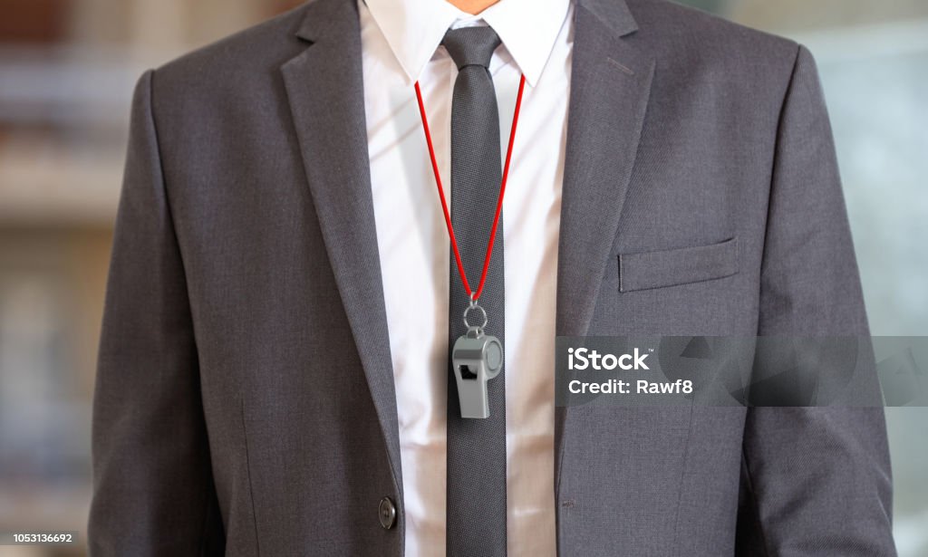 Man in suit wearing a whistle with red string. 3d illustration Sports business. Man in suit wearing a whistle with red string. 3d illustration Coach Stock Photo