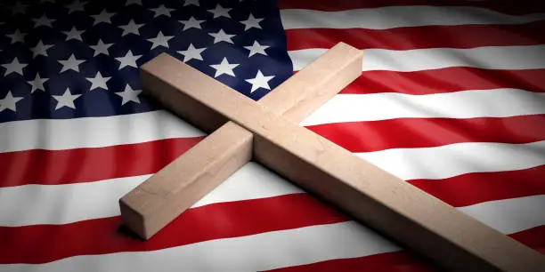 USA and christianity. Christian cross on American flag background. 3d illustration