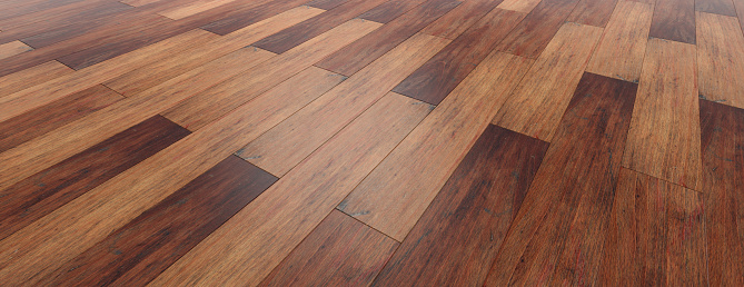Wooden floor parquet background, perspective view from above, banner. 3d illustration