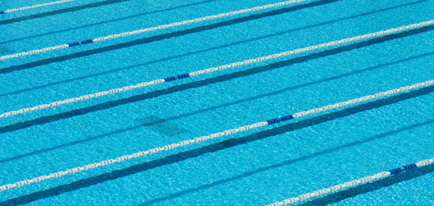 istock Swimming pool with blue water for sporting swimming with tracks 1053139188