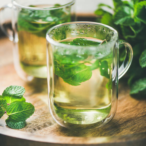 istock Hot herbal mint tea drink in glass mugs, square crop 1053139428
