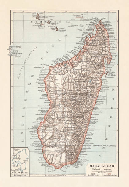 Topografic map of Madagascar, lithograph, published in 1897 Topografic map of Madagascar. Lithograph, published in 1897. french-colonial stock illustrations