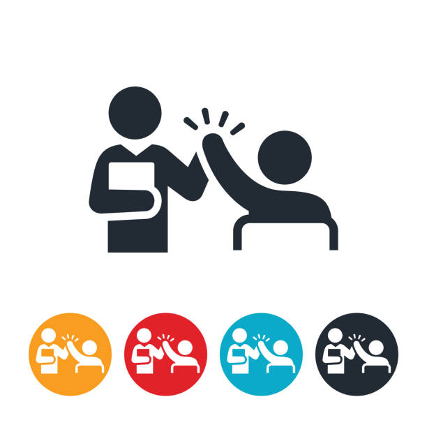 Teacher Giving Student High-Five Icon An icon of a teacher giving a seated student a high-five. instructor stock illustrations