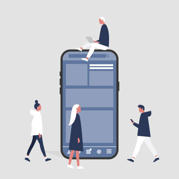 A group of people sitting, standing and walking near by a smartphone. Social media life. Digital space. Millennial users. Flat editable vector illustration, clip art A group of people sitting, standing and walking near by a smartphone. Social media life. Digital space. Millennial users. Flat editable vector illustration, clip art gen z stock illustrations